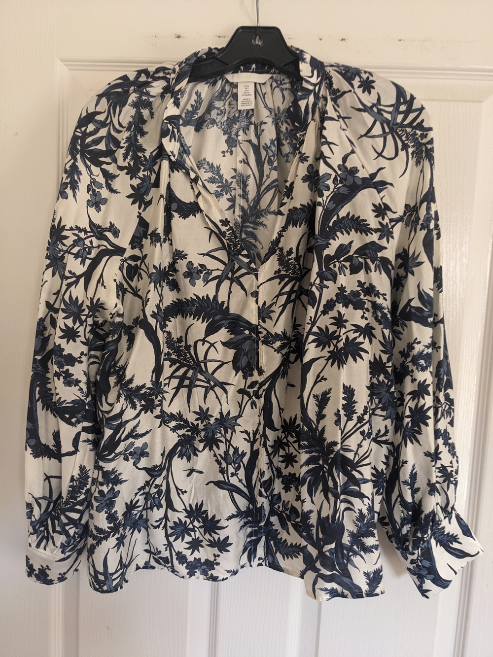 H&M White Button-Down Shirt with Navy Floral Print